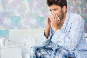 Sick Man Got Flu Allergy Sneezing In Handkerchief Blowing Nose